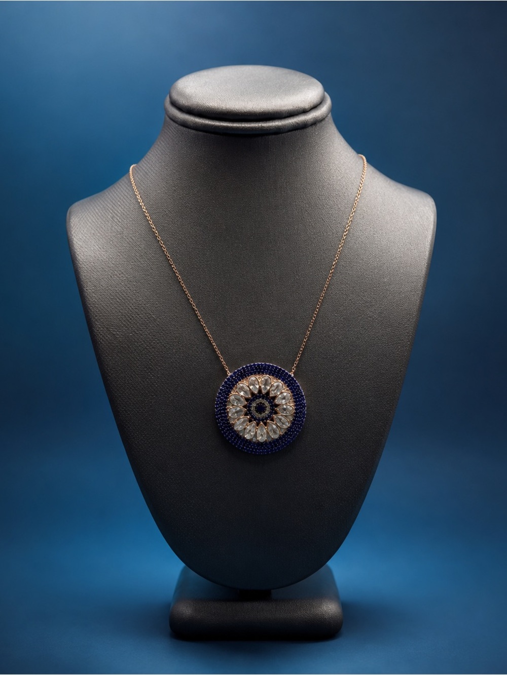 Rose Gold Over Sterling Blue & Clear Crystal Pendant Necklace Evil Eye Turkey
